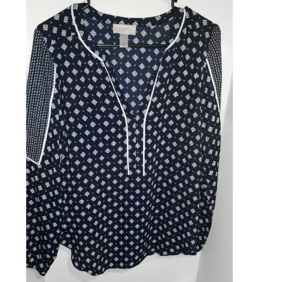 LOFT navy blue and white print loose blouse - Picture 2 of 5